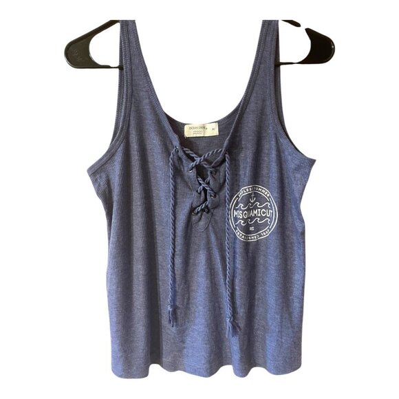 Ocean Drive Blue Lace-Up Tank Top Misquamicut Print Ribbed Finish Sleeveless Med - Picture 1 of 12
